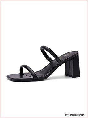 Square Toe Chunky Heel Sandals Slip On Leather Double Strap Mules Mid Heels